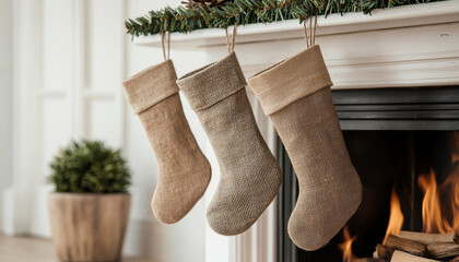 Christmas stockings made from burlap and other recycled fabrics, Warm and cozy Christmas stockings hang by the fireplace, adding festive charm to a holiday home setting.