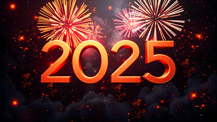 2025 Happy New Year fun colorful design background Silvester greeting card with fireworks gold sparklers shiny glitter numbers and shiny lights. Festive celebration banner. Ai generated