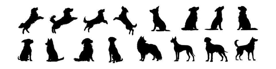 Set of dogs silhouette on white background, isolated, vector