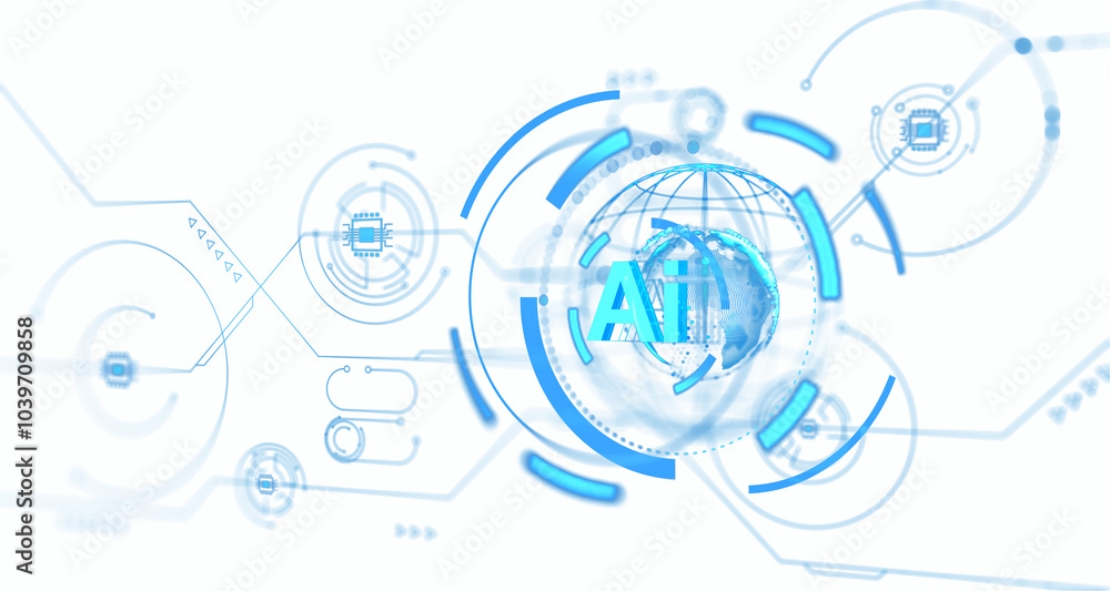 Poster digital illustration of ai text surrounded by circuits and a globe, blue color scheme, on a white ba
