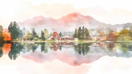 Fototapeta premium Watercolor Painting of a Mountain Lake with a House and Trees