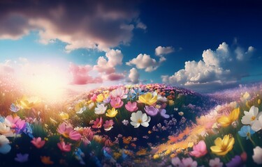 Colorful wildflowers bloom in a field with a bright blue sky and fluffy clouds.