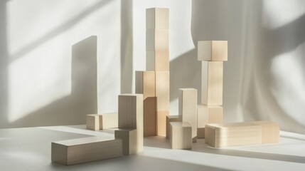 An abstract arrangement of building blocks in a minimalist showroom, Blocks forming intricate patterns, Contemporary minimalist style