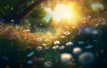 Obraz premium A field of daisies bathed in warm sunlight, the foreground in focus while the background blurs into a hazy glow.