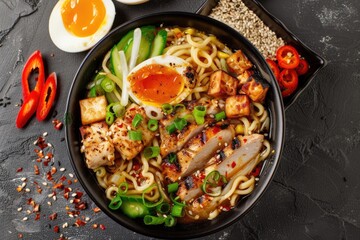 Asian Ramen Soup with Chicken  Tofu  Vegetables  Egg