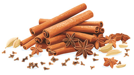Cinnamon sticks star anise and other winter pumpkin spices Cooking exotic spice cinnamon for dessert food exact vector cartoon template