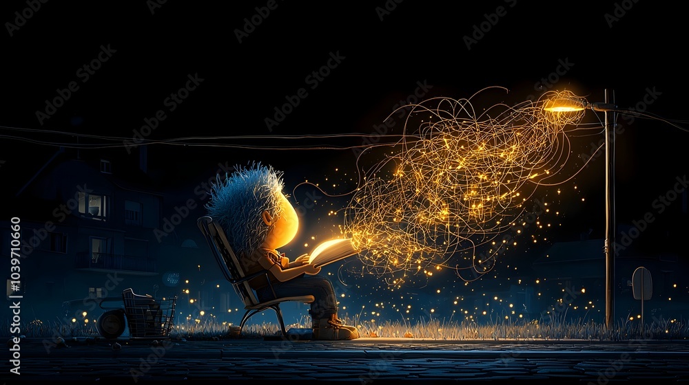 Poster Cozy and inviting reading nook with glowing mesh lines radiating outwards from an open book creating a captivating and futuristic ambiance for study relaxation and intellectual engagement