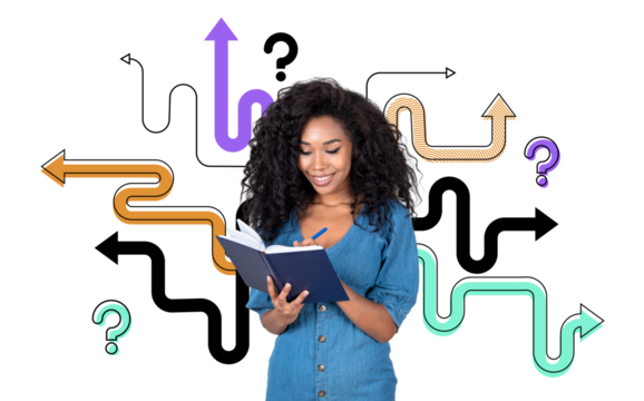 Woman writing in a notebook, surrounded by arrows and question marks, symbolizing decision-making and planning against a white background. Concept of ideas and strategy