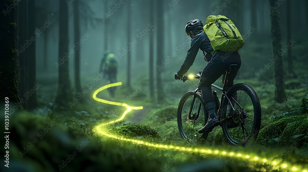 Poster cyclist riding through vibrant forest landscape with glowing mesh pathways highlighting the route di