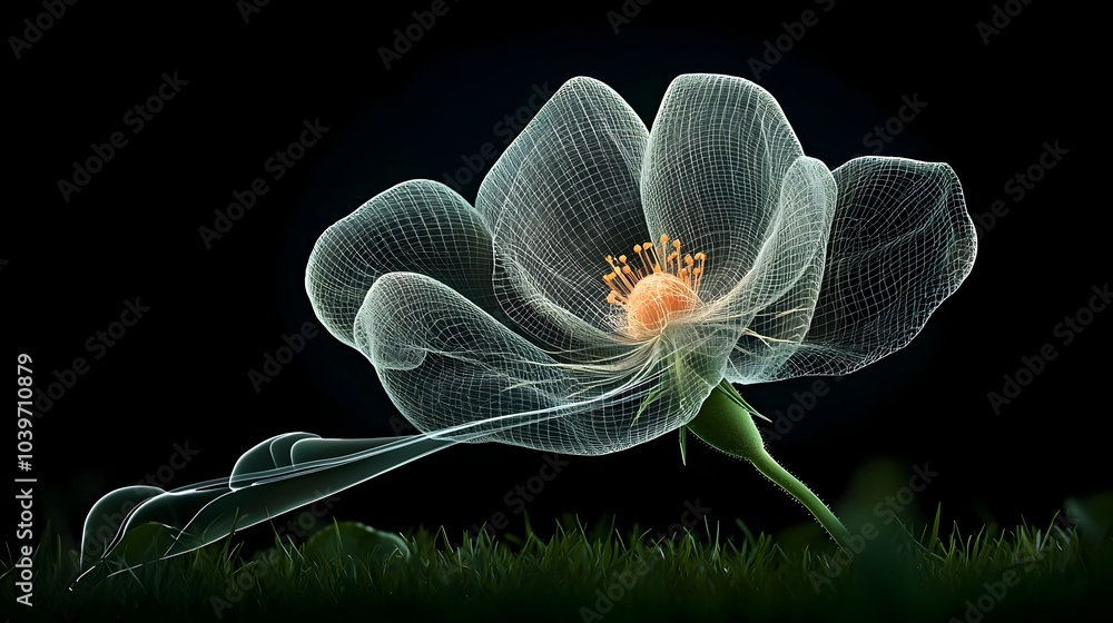 Poster delicate rose petals glistening with morning dew traced by a glowing mesh outline creating a serene 