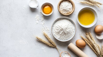 A flat lay of baking ingredients, including flour, eggs, oil, and a rolling pin, on a white surface.