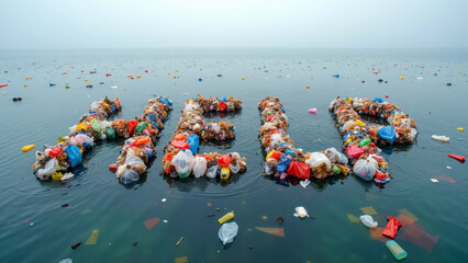 A striking visual of ocean pollution, where piles of plastic waste and garbage bags are arranged to spell out the colorful word "HELP" floating on the water. Sea with scattered plastic debris.