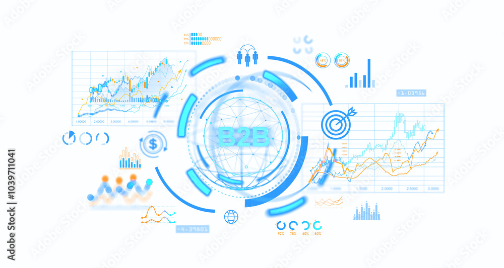 Poster image showing b2b concept with data graphs, charts, and digital network icons on a white background.