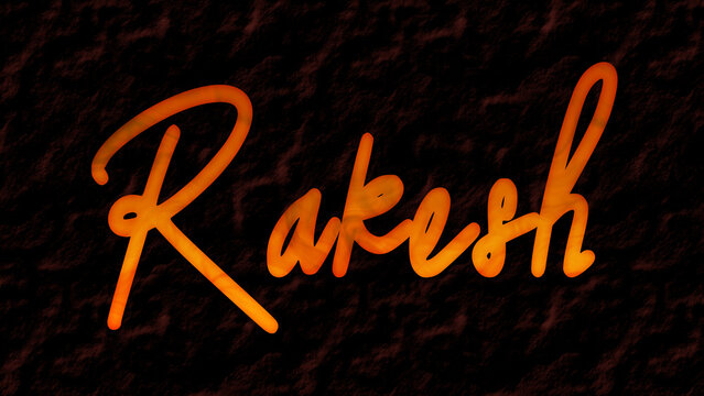 3D fire text effect of Hindi name Rakesh on dark background.	