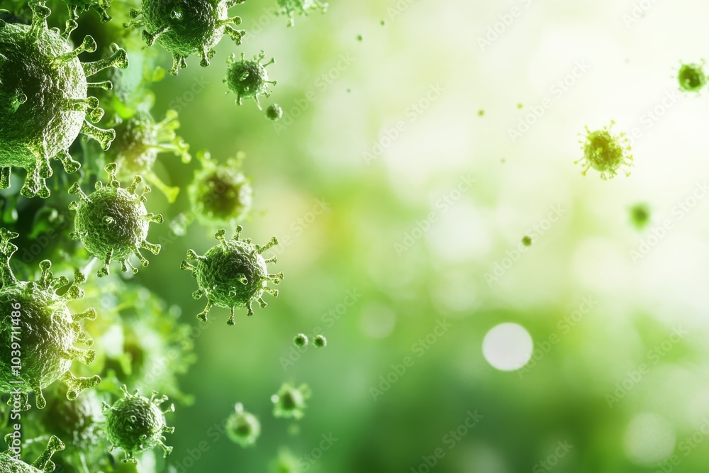 Poster microscopic view of viruses in a green environment illustrating cellular structures