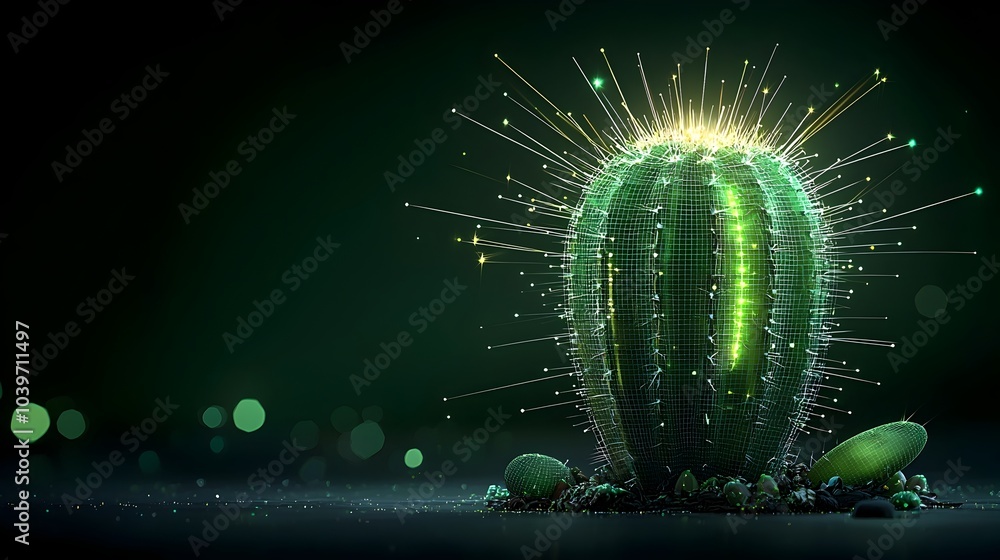 Aufkleber Digitally Rendered Cactus with Glowing Mesh Lines Tracing the Sharp Edges of its Spikes   Abstract Futuristic and Minimalist Digital Art for Modern Decor and Backgrounds