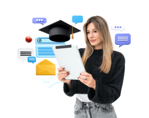 Woman holding tablet with various education symbols such as graduation cap, apple, email, speech bubbles on white background. Concept of online learning