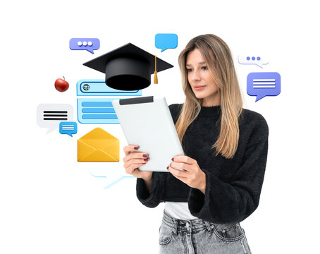 Woman holding tablet with various education symbols such as graduation cap, apple, email, speech bubbles on white background. Concept of online learning - Powered by Adobe