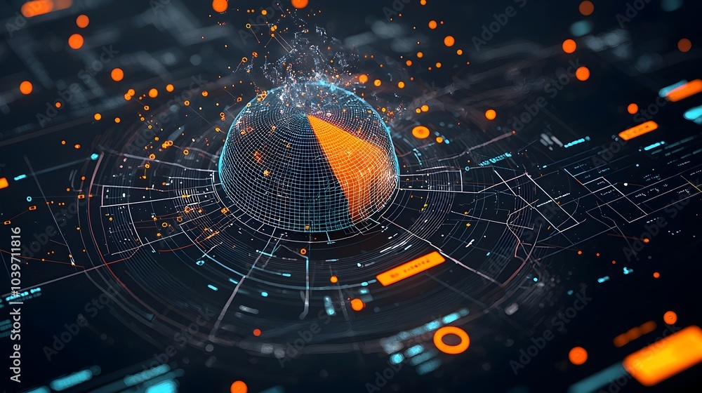 Leinwandbilder Dynamic and Futuristic Glowing Mesh Pie Chart with Sections Illuminated in Vibrant Neon Hues Ideal for Visualizing and Analyzing Business Financial or Technology Data