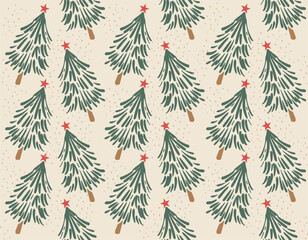 Season Greeting Hand drawn Christmas seamless pattern, pine trees, stars, snow,  Vector illustration.Not Ai