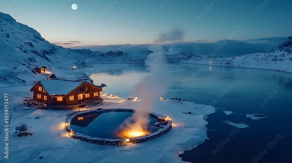 Poster enchanting steaming spring nestled in a snow covered winter landscape surrounded by a serene and moo