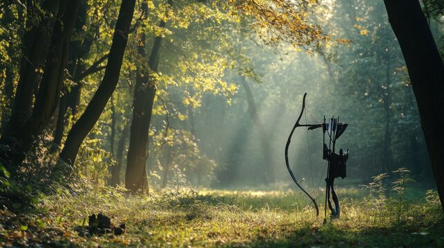 An adventurous archery setup in a tranquil forest glade, Archery equipment elegantly displayed, Naturalistic outdoor style