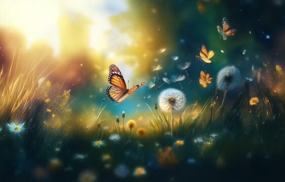Fototapeta A field of wildflowers and dandelions with butterflies in the air under a bright sunny sky.