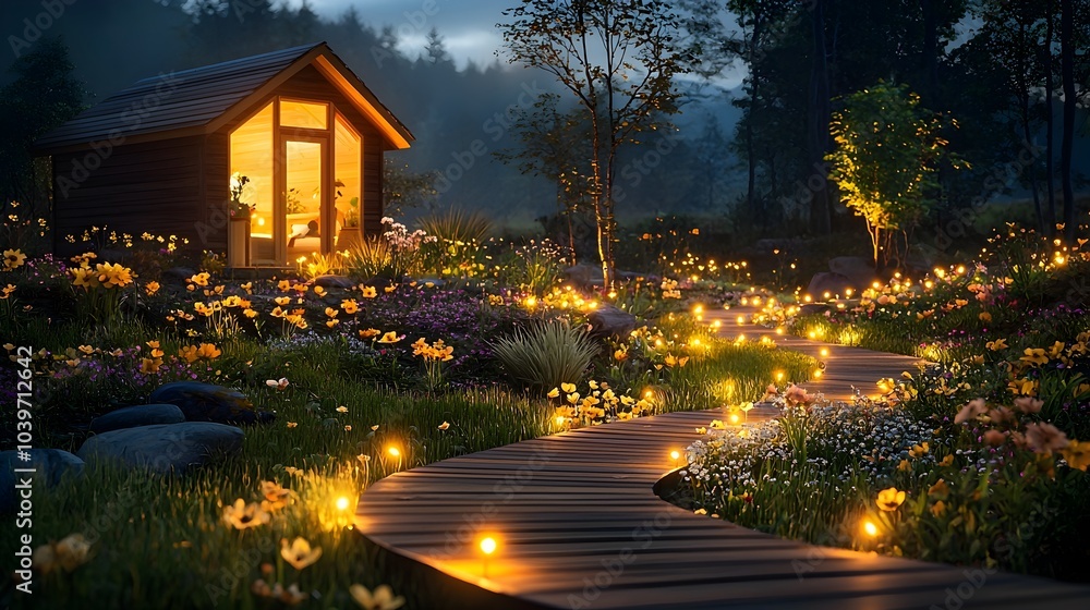 Poster ethereal garden scene with glowing mesh accents artfully placed around individual blooming flowers c