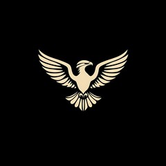 Fototapeta premium A golden eagle with wings spread, isolated on a black background.