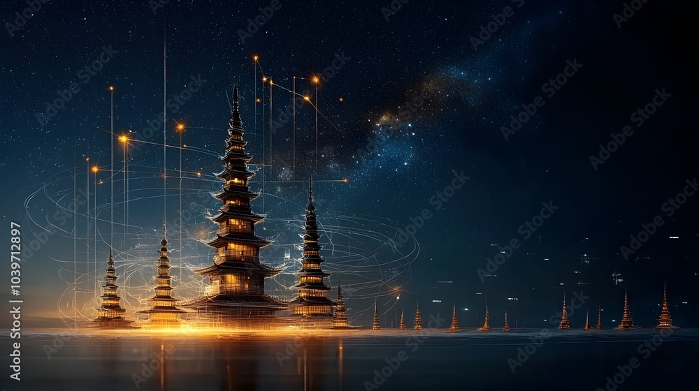 Leinwandbilder Ethereal architectural structures with mesh lines tracing the shapes of pagodas under a captivating starry cosmic landscape creating a visually mesmerizing and transcendent scene