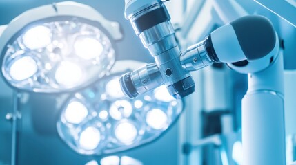 A close-up of a robotic surgical system performing a delicate procedure, surgical lights and sterile drapes in view, High-tech style
