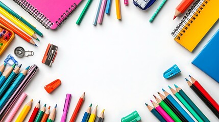 Fototapeta premium A variety of colorful school supplies, including pencils, markers, notebooks, and rulers arranged around the edges of the image with a clean white space in the center for text