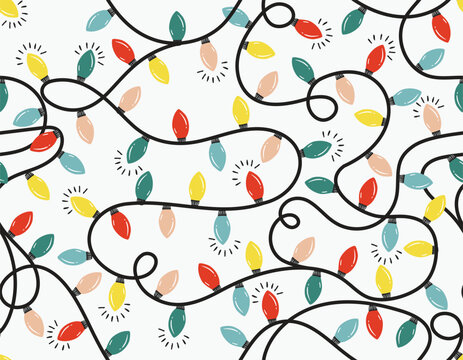 Cute Christmas lights seamless pattern,  light bulbs on a string for Xmas , Vector illustration Not Ai