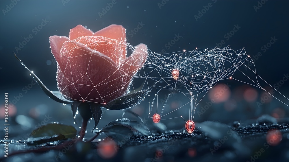 Poster ethereal glowing mesh outline tracing the delicate dew kissed petals of a beautiful rose in the soft