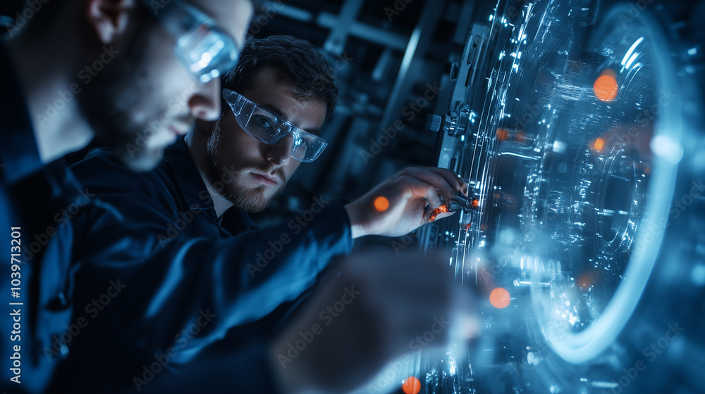 Aufkleber engineers working together to fine-tune the control levers of a giant machine, with the mechanical c
