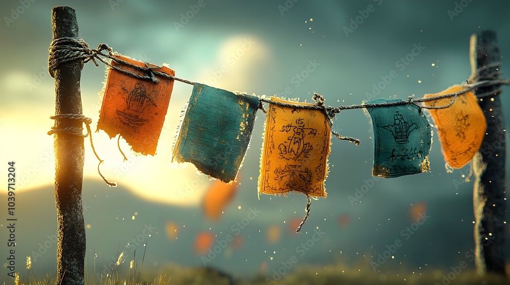 Aufkleber ethereal glowing mesh outlines surrounding fluttering prayer flags as they dance in the wind creatin