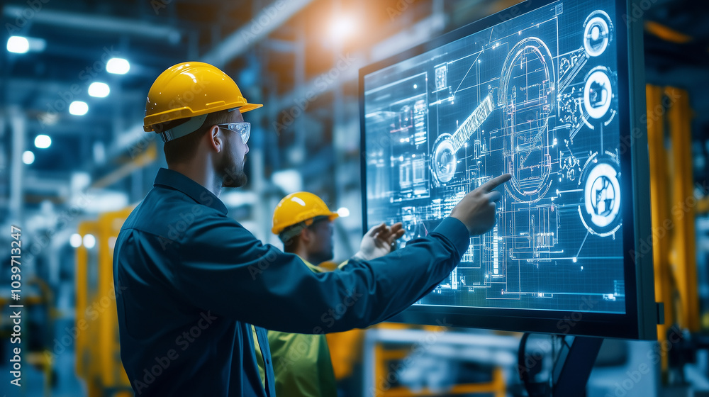 Aufkleber two engineers pointing at a schematic on a large screen next to advanced machinery in an industrial 