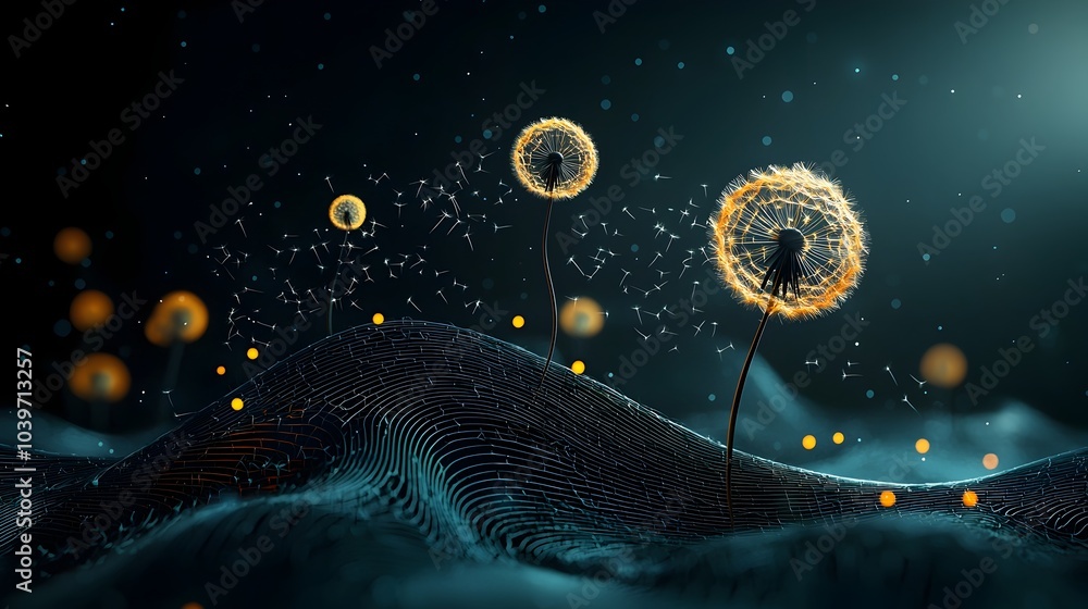 Poster Ethereal glowing mesh waves gently surrounding delicate dandelion seeds drifting and floating through the wind creating a captivating magical and dreamy visual scene