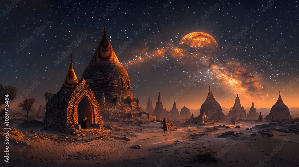 Poster ethereal mesh lines tracing the architectural shapes of pagodas under a serene and dramatic starry n
