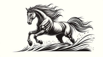 Elegant minimalist line art of a galloping horse, drawn with soft, flowing lines, mid-run on a clean white background, capturing speed and grace in motion, hd quality, fluid strokes, natural look.