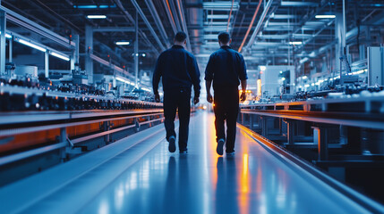 Two engineers walking alongside a long assembly line in an industrial plant, monitoring the automated machines that are producing components at high speed.