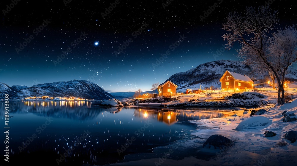 Poster frozen fjord reflecting a starry night sky under a serene polar landscape creating a captivating and