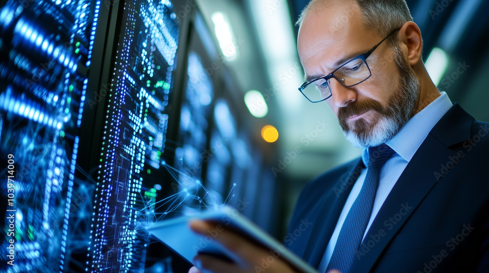 Aufkleber network security expert reviewing a complex, color-coded network traffic diagram on a tablet, surrou