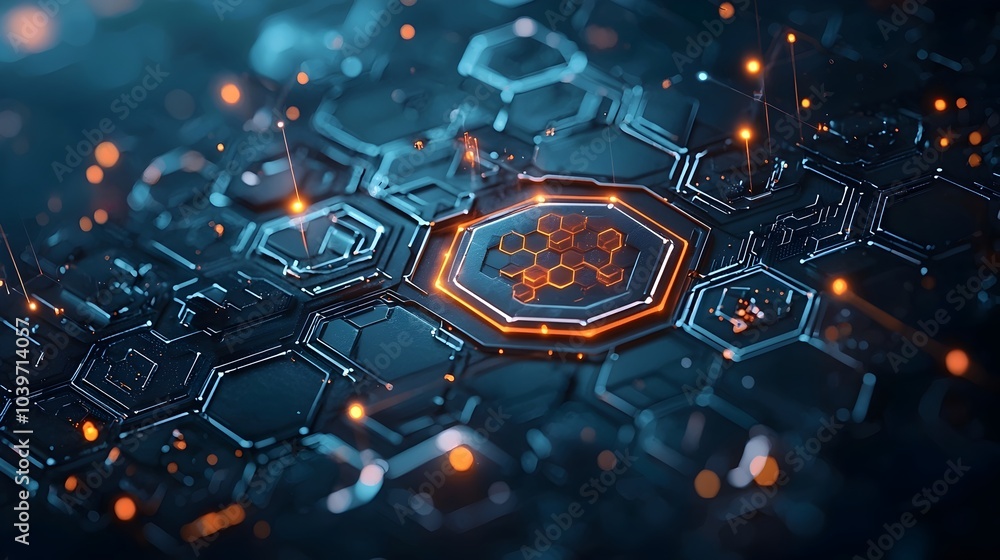 Leinwandbilder Futuristic abstract background with an interconnected mesh of luminescent hexagons glowing with a vibrant neon color palette  Dynamic digital showcasing modern technology innovation and connectivity