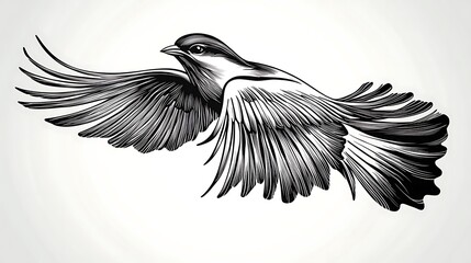 Naklejka premium Elegant minimalist sketch of a bird in flight, wings spread wide, minimalist style on a white background, flowing linework capturing grace and serenity, hd quality, natural look, smooth strokes.