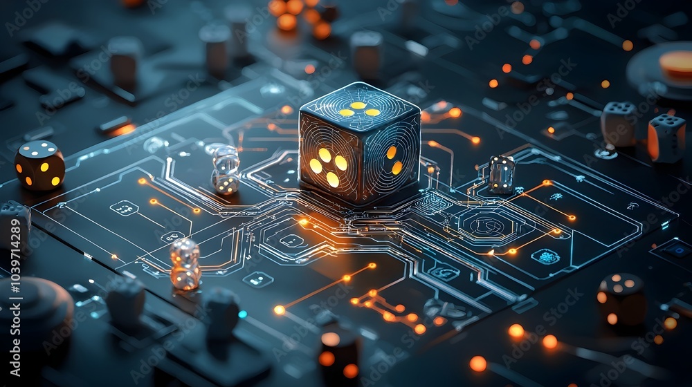 Fototapete futuristic and visually striking board game setup with glowing mesh lines luminous dice and geometri