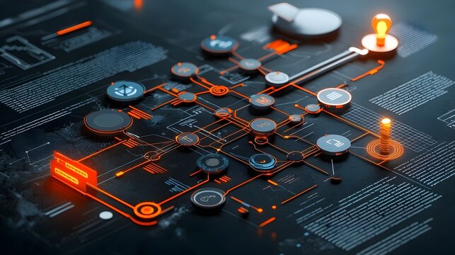 Futuristic and modern glowing mesh flowchart with dynamically connected lines and elements representing the concept of interconnected technology data and digital information