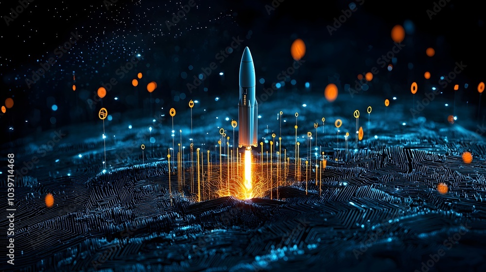 Poster Futuristic digital mesh lines tracing the trajectory of a powerful rocket launch into the depths of outer space showcasing the advanced technology and engineering behind space