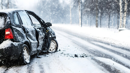 damaged car sits on the side of a snow-covered road after an accident. damaged car icy road conditions and winter weather contribute to dangerous driving environment. damaged car