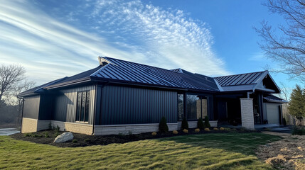 Obraz premium A side view of a modern home with a dark-colored corrugated metal roof, featuring seamless gutters and clean architectural lines, evoking a sense of sleek design and functionality.